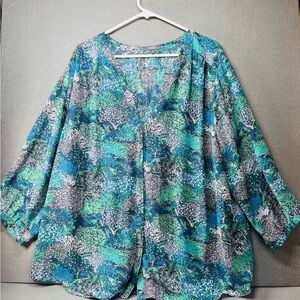 NYDJ Relaxed‎ Boxy Blouse with Flutter Sleeves in Blue and Green